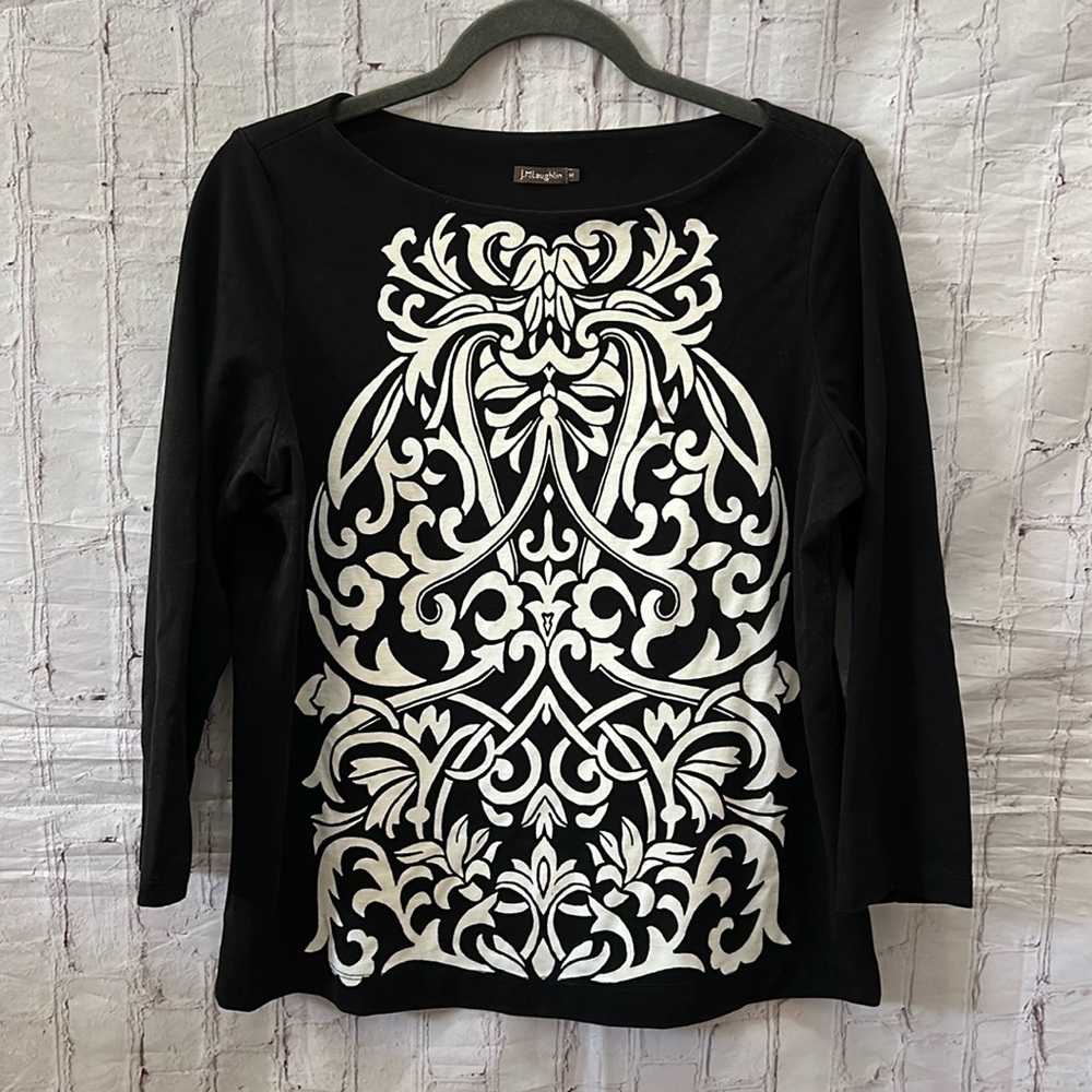 J. McLaughlin Black White Catalina Top 3/4 Sleeve Medium Soft Stretchy Casual